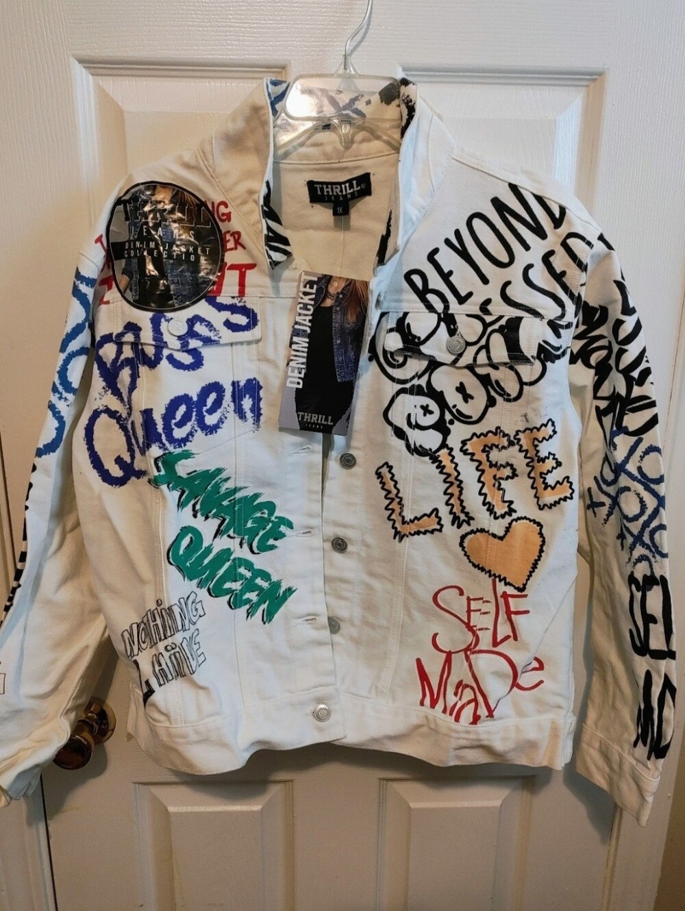 Thrill White Denim Jacket Graffiti Style 1x NWT